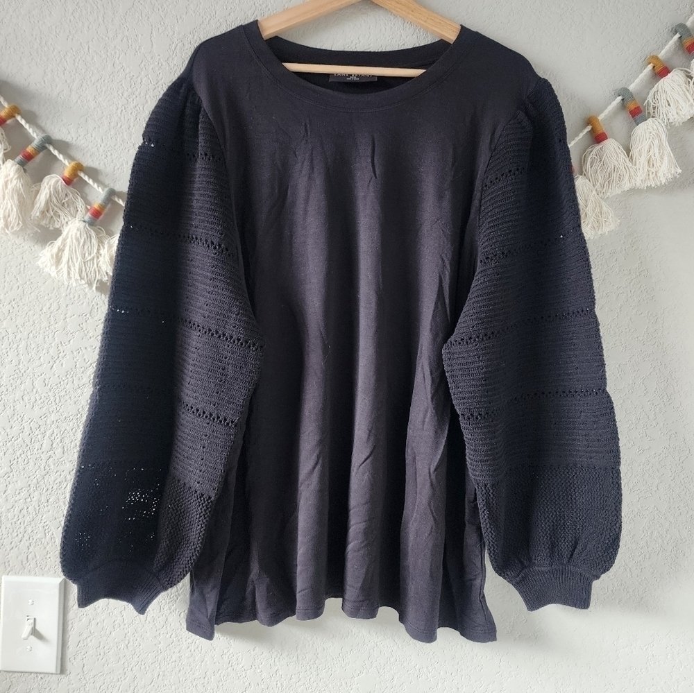 Lane Bryant Black Knit Crochet Balloon Sleeves Top Minimalist Boho Chic 22/24